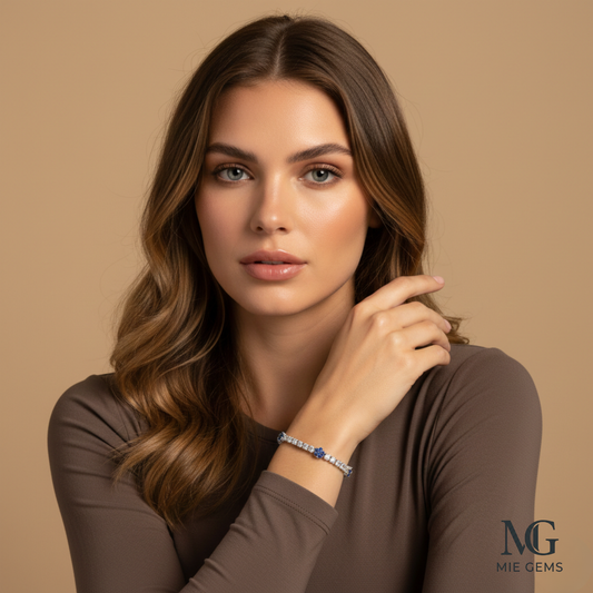 Woman wearing a bracelet with a beige background